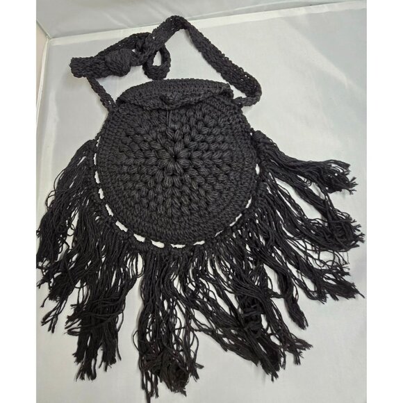 Handmade Crochet macrame Black Fringe Bohemian Shoulder Bag boho cottage biker - Picture 1 of 8